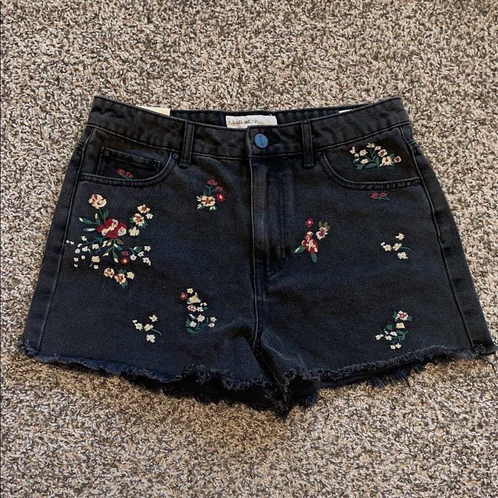 Floral Embroidered Black Jean Shorts